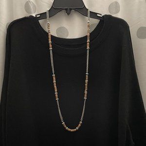 Givenchy Long Necklace Silver Wood Tone Beads